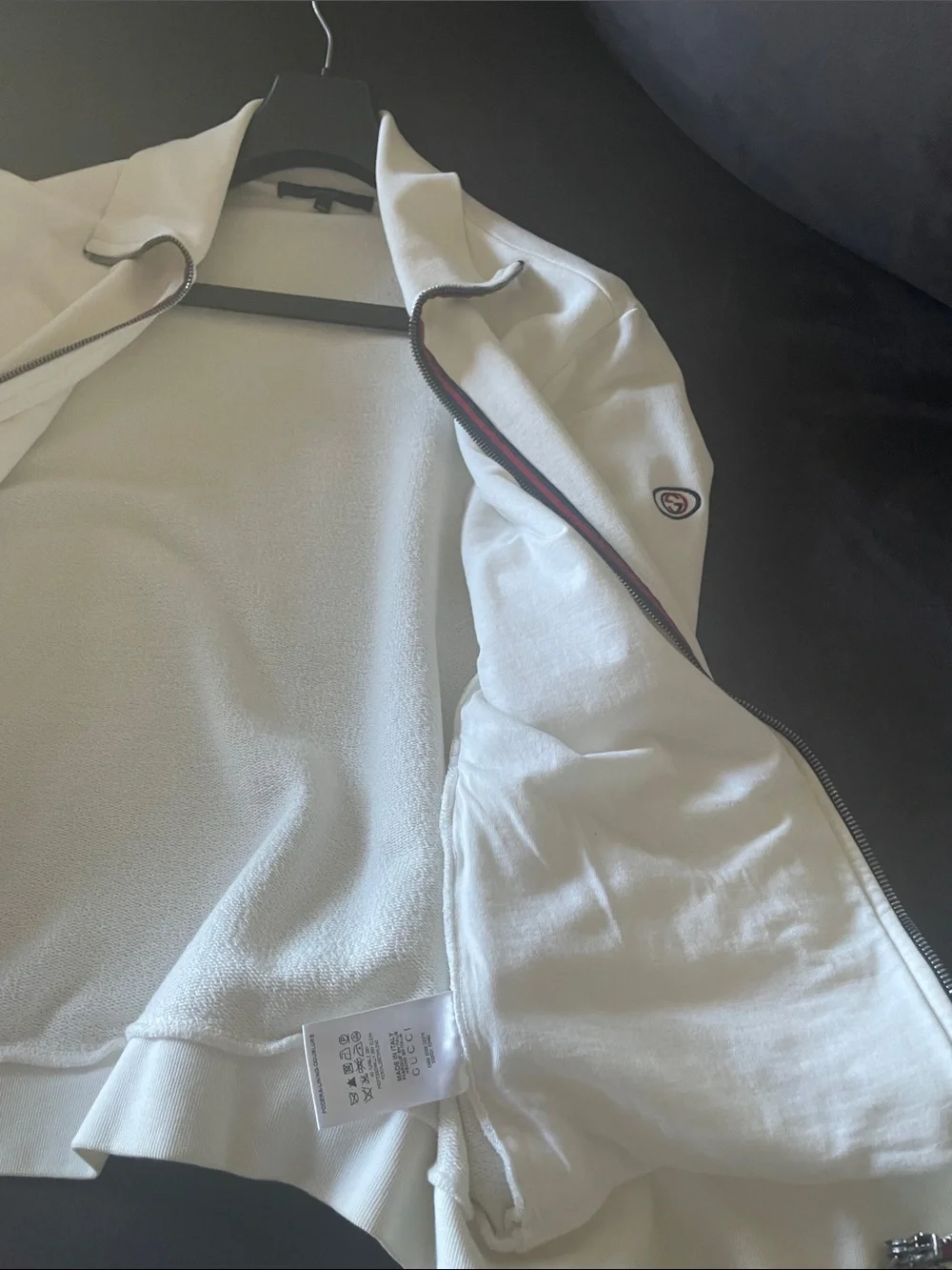 Gucci White Zip-Up Sweater Jacket with Signature Stripe Trim